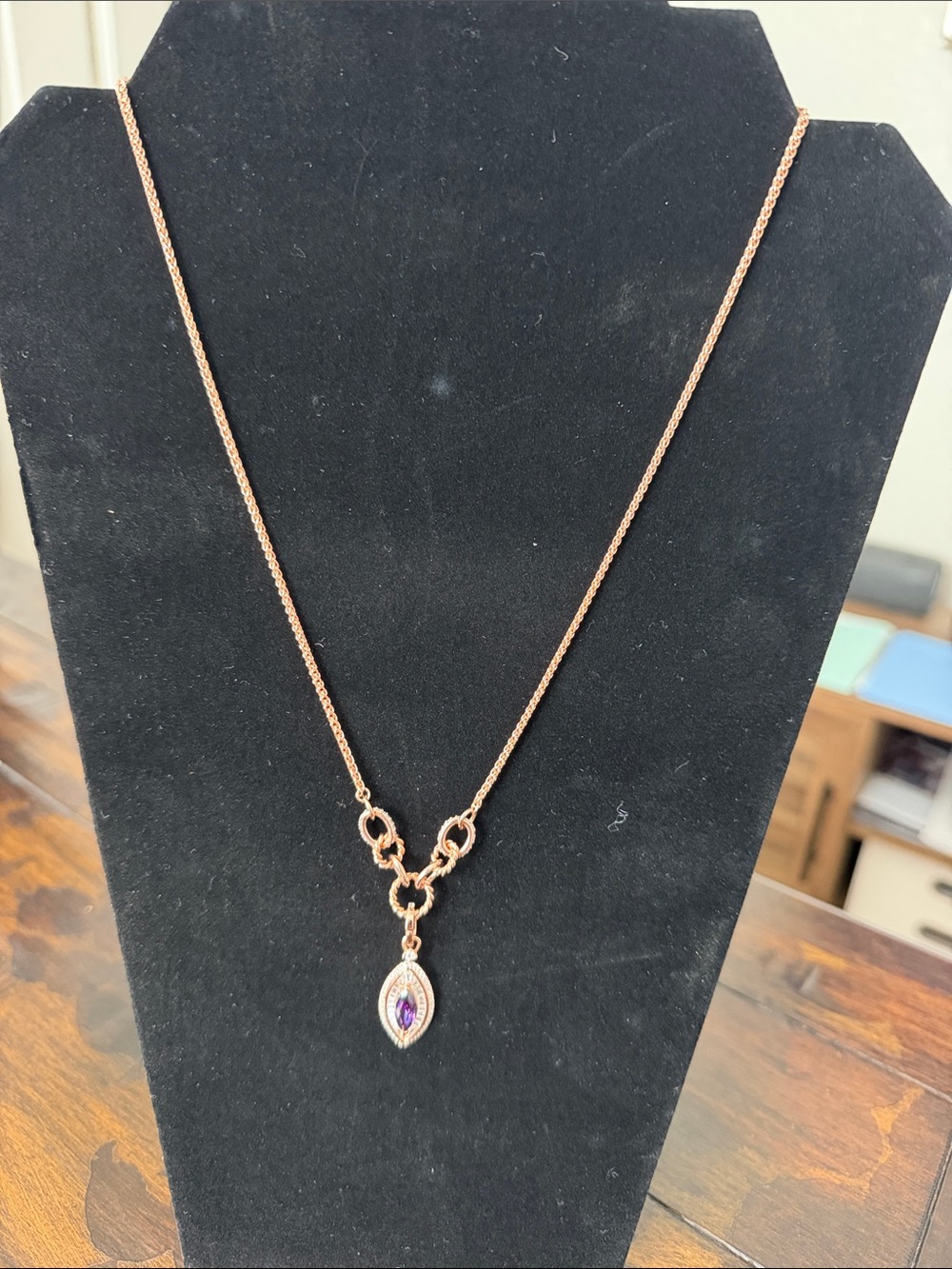 Rose Gold Chain Necklace with Amethyst Marquise Pendant